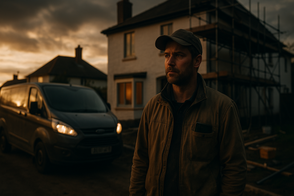 Ultra realistic image for Why UK Tradesmen Need Tailored Project Management Software for Smooth Job Success. Focus: wide cinematic exterior view with dramatic lighting, ultra realistic