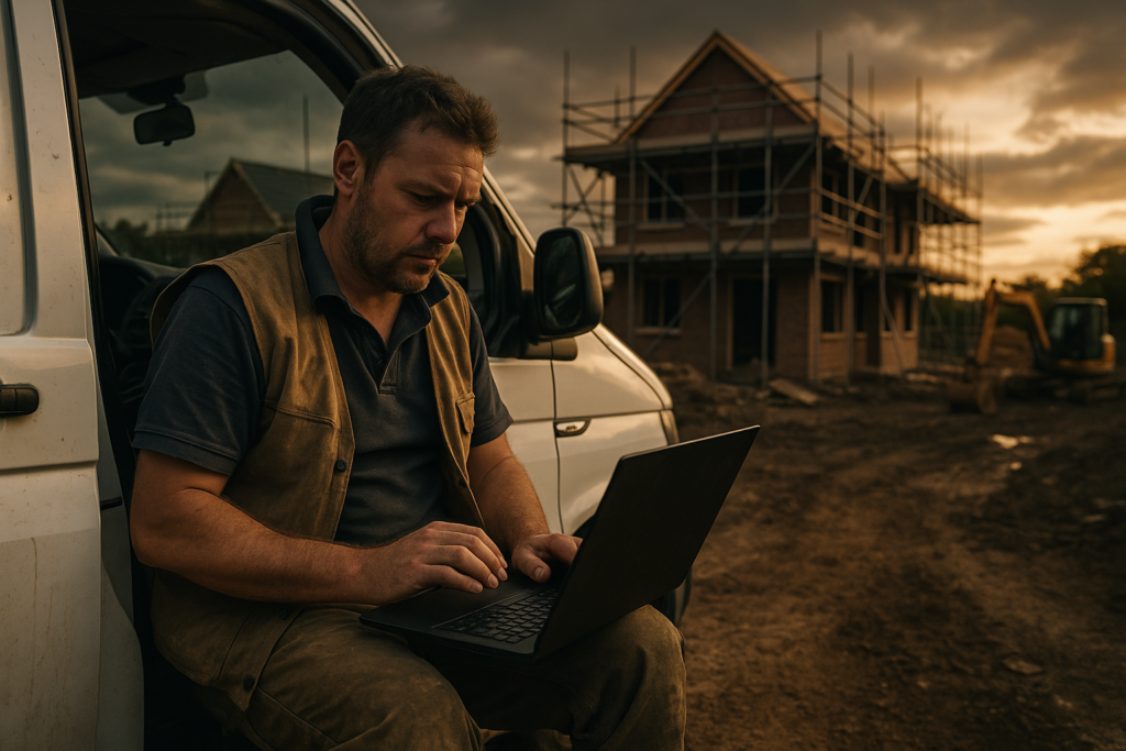 Ultra realistic image for Why UK Tradesmen Need Tailored Project Management Software to Boost Efficiency and Profits. Focus: wide cinematic exterior view with dramatic lighting, ultra realistic