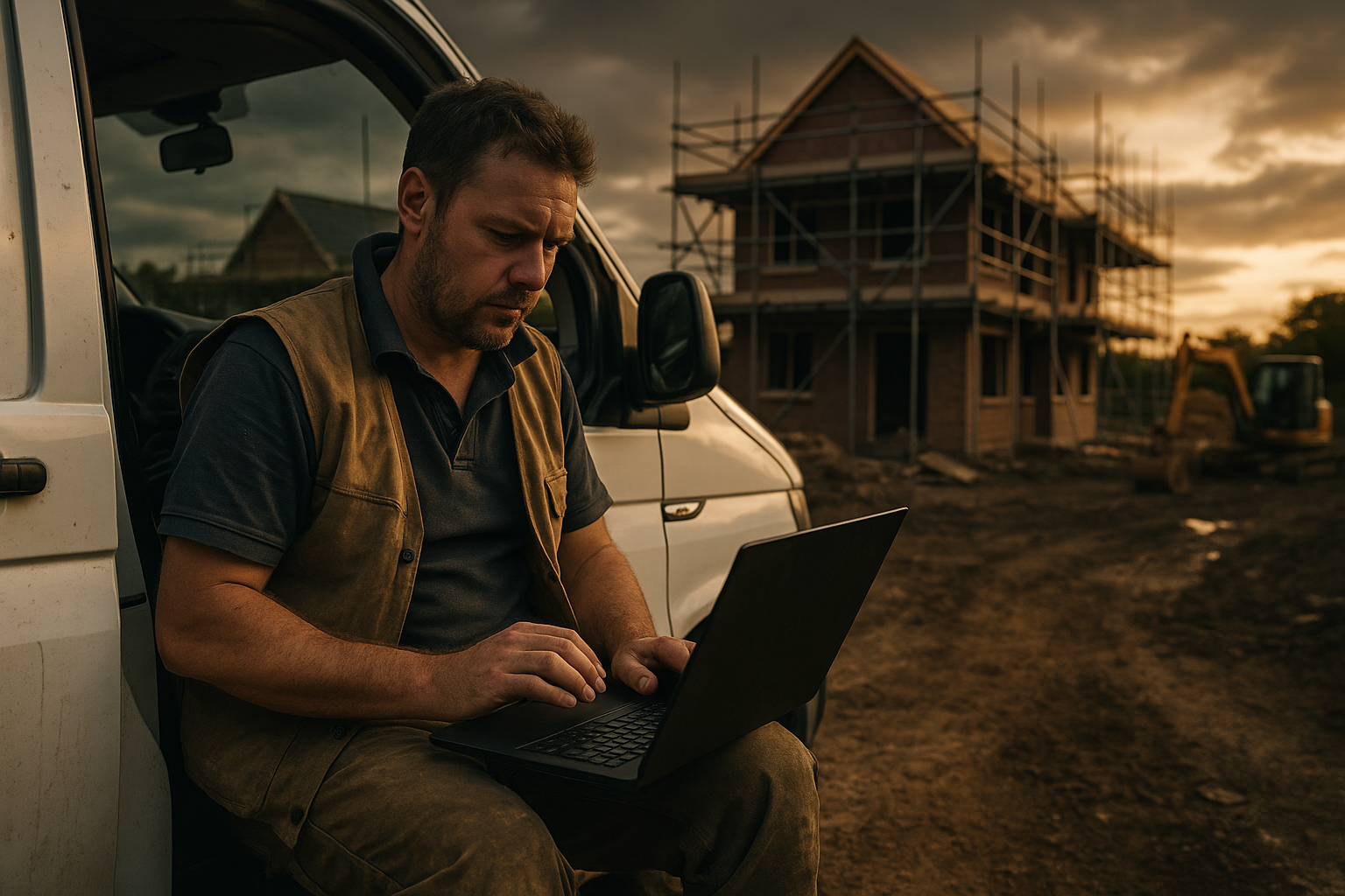 Ultra realistic image for Why UK Tradesmen Need Tailored Project Management Software to Boost Efficiency and Profits. Focus: wide cinematic exterior view with dramatic lighting, ultra realistic