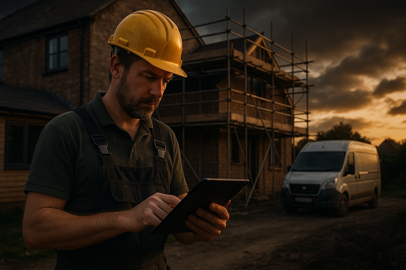 Ultra realistic image for How ConstruX Empowers UK Tradesmen to Manage Jobs More Efficiently. Focus: wide cinematic exterior view with dramatic lighting, ultra realistic