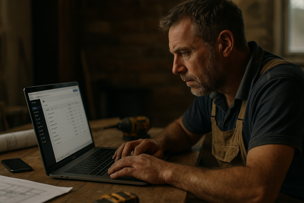 Ultra realistic image for How ConstruX Empowers UK Tradesmen to Manage Jobs More Efficiently. Focus: intimate interior detail shot with shallow depth of field, ultra realistic