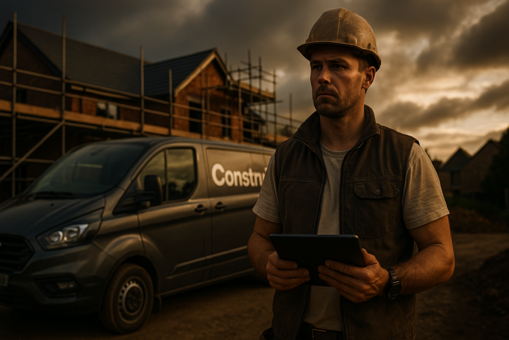 Ultra realistic image for How ConstruX Empowers UK Tradesmen to Take Control of Their Jobs and Cash Flow. Focus: wide cinematic exterior view with dramatic lighting, ultra realistic