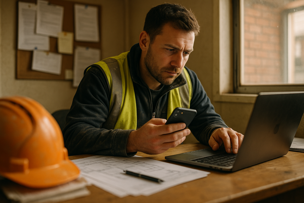 Ultra realistic image for How ConstruX Empowers UK Tradesmen to Take Control of Their Jobs and Cash Flow. Focus: intimate interior detail shot with shallow depth of field, ultra realistic