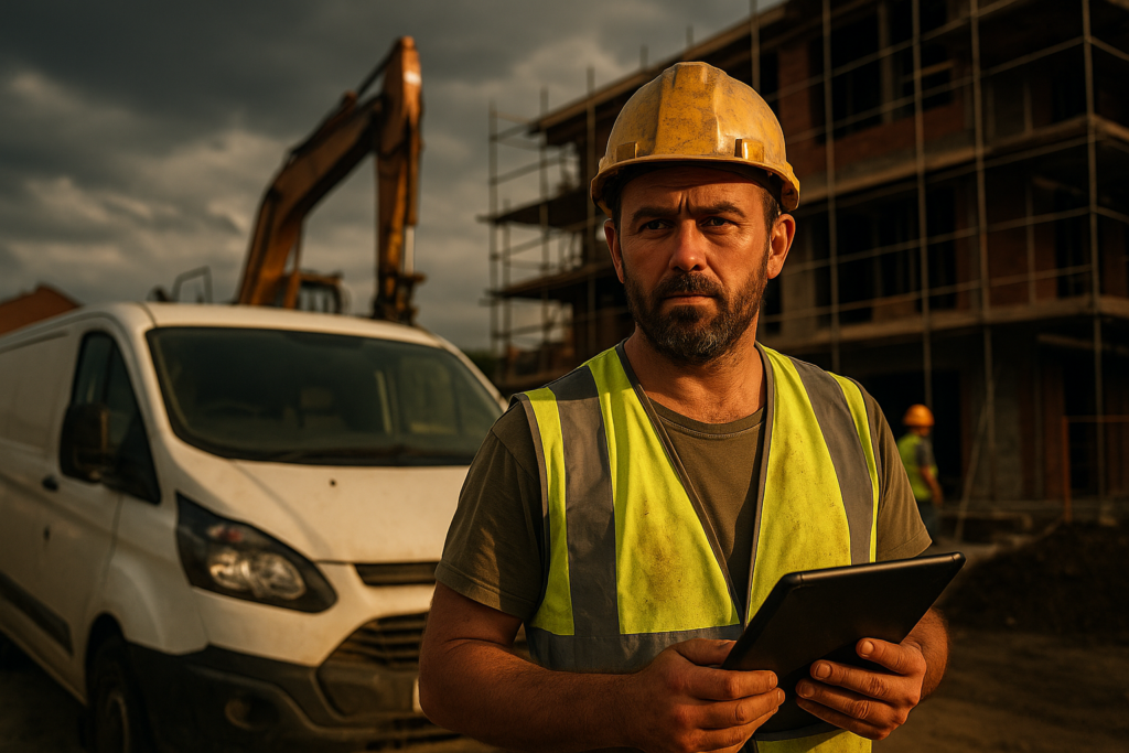 Ultra realistic image for How ConstruX Simplifies Job Management for UK Tradesmen. Focus: wide cinematic exterior view with dramatic lighting, ultra realistic