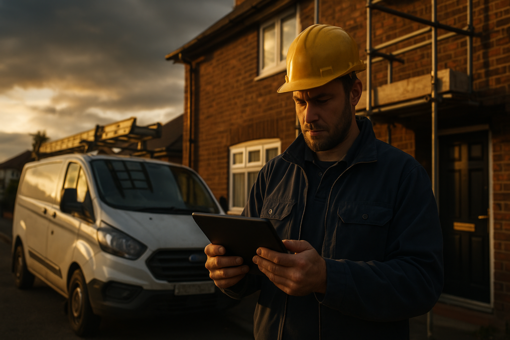 Ultra realistic image for How ConstruX Simplifies Project Management for UK Trade Businesses. Focus: wide cinematic exterior view with dramatic lighting, ultra realistic