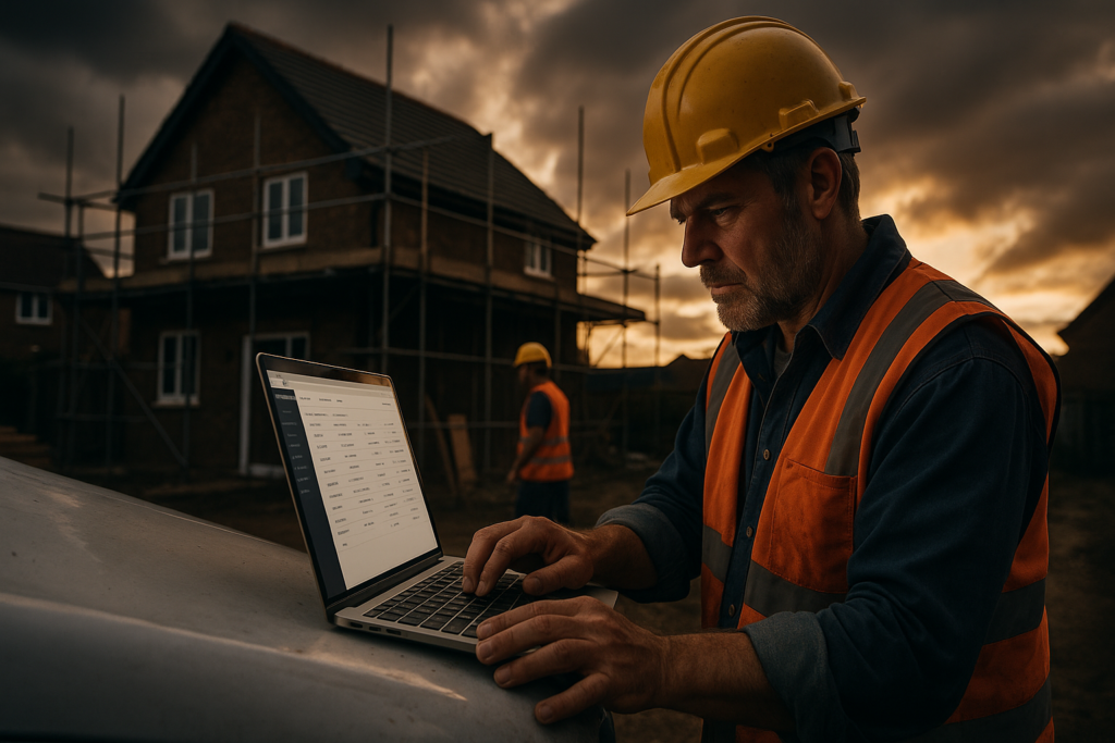 Ultra realistic image for How ConstruX Simplifies Project Management for UK Trades Businesses. Focus: wide cinematic exterior view with dramatic lighting, ultra realistic