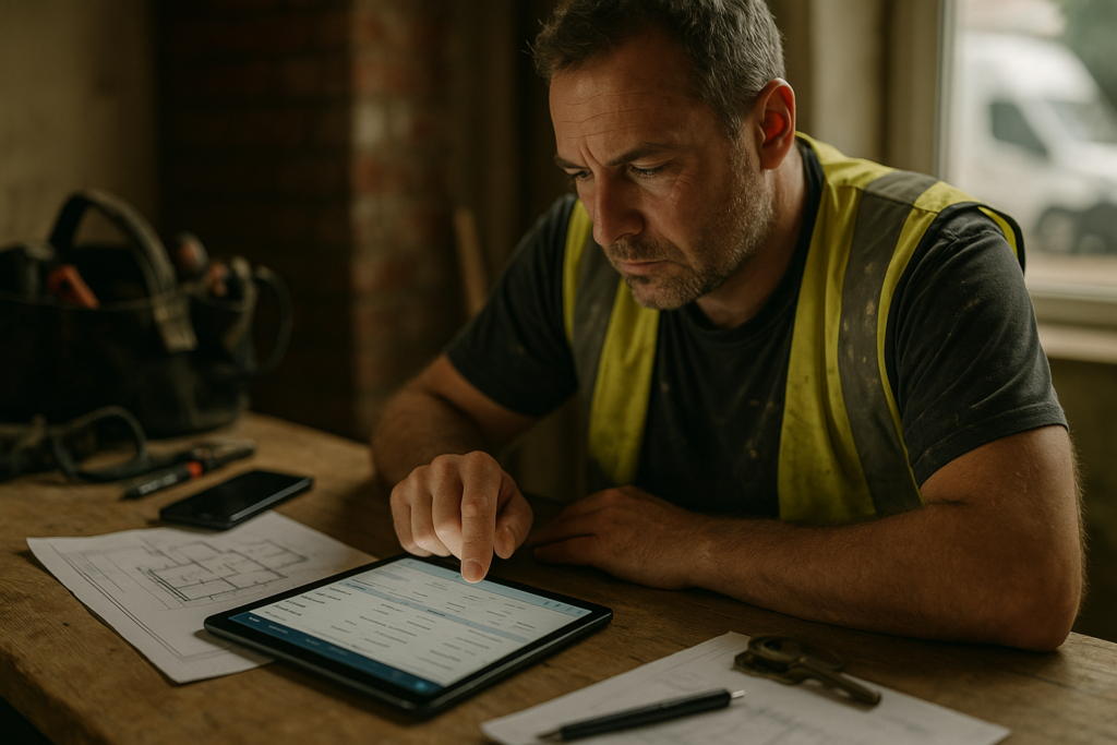 Ultra realistic image for How ConstruX Simplifies Project Management for UK Trades Businesses. Focus: intimate interior detail shot with shallow depth of field, ultra realistic