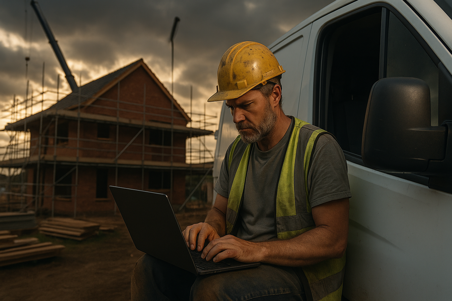 Ultra realistic image for How ConstruX Simplifies Project Management for UK Tradesmen. Focus: wide cinematic exterior view with dramatic lighting, ultra realistic