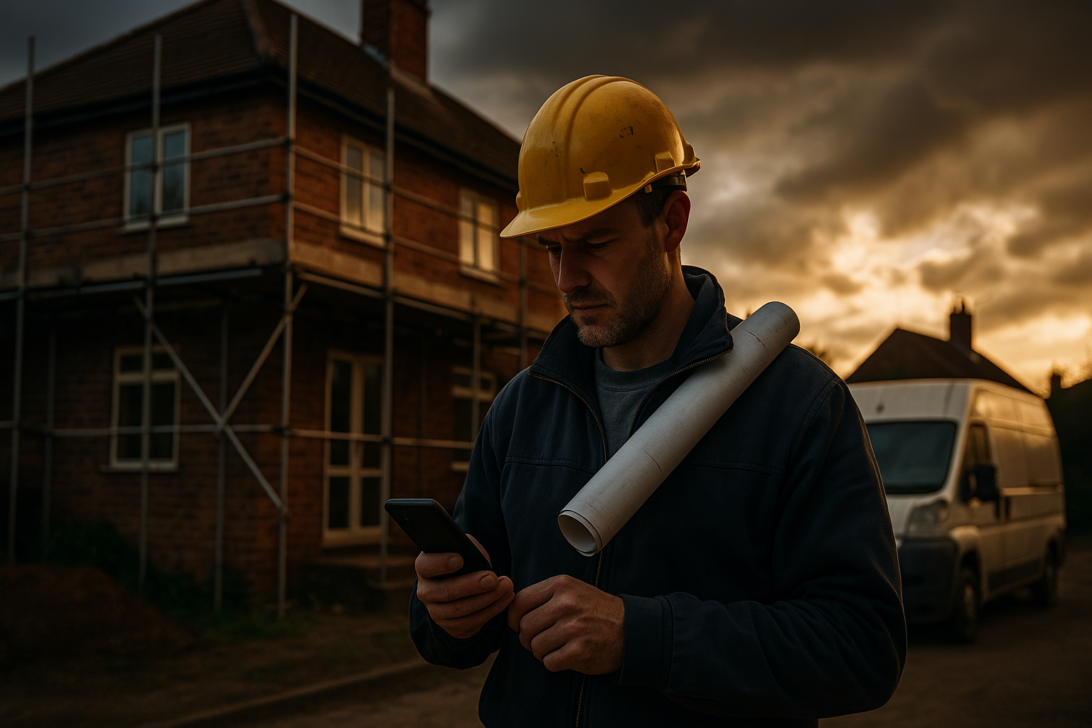Ultra realistic image for How ConstruX Simplifies Project Management for UK Tradesmen and Contractors. Focus: wide cinematic exterior view with dramatic lighting, ultra realistic