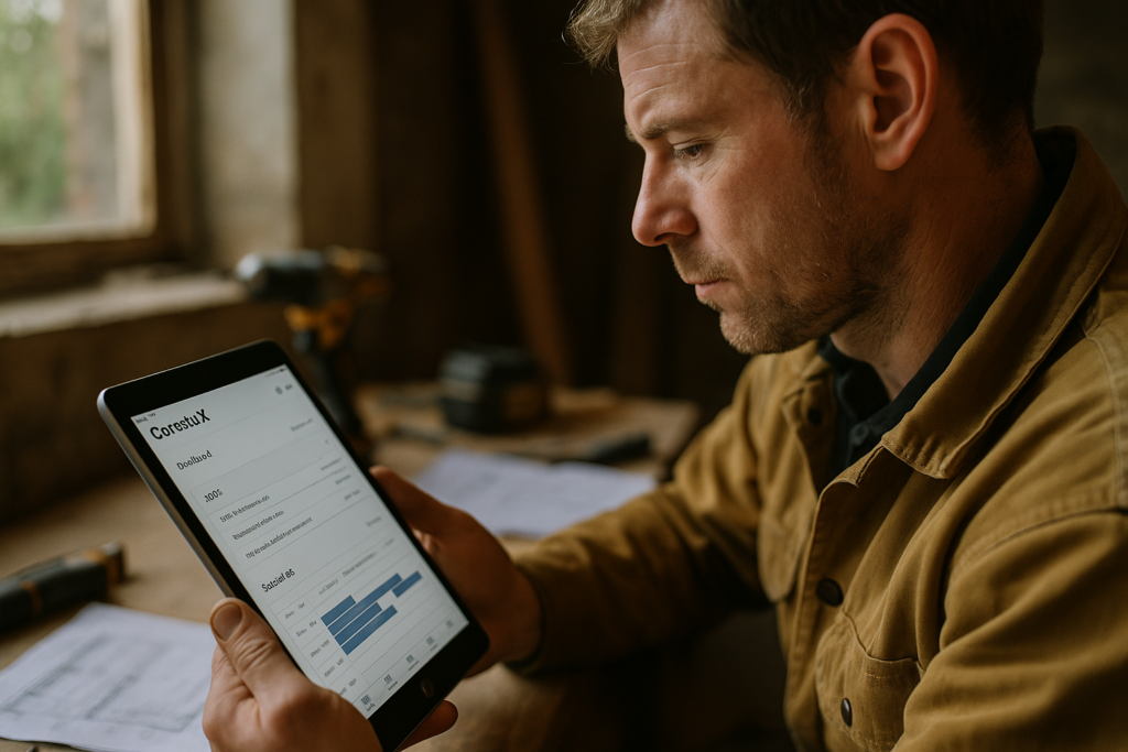 Ultra realistic image for How ConstruX Simplifies Project Management for UK Tradesmen and Contractors. Focus: intimate interior detail shot with shallow depth of field, ultra realistic