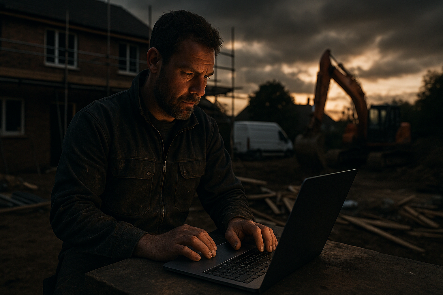 Ultra realistic image for How ConstruX Transforms Project Management for UK Tradesmen. Focus: wide cinematic exterior view with dramatic lighting, ultra realistic