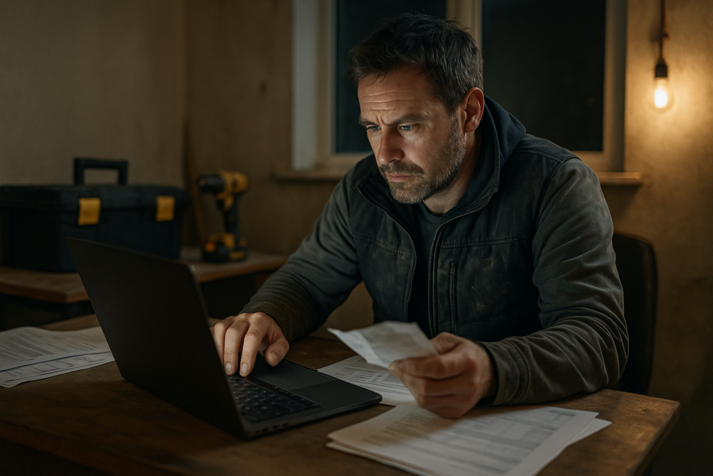 Ultra realistic image for How ConstruX Transforms Project Management for UK Tradesmen. Focus: intimate interior detail shot with shallow depth of field, ultra realistic