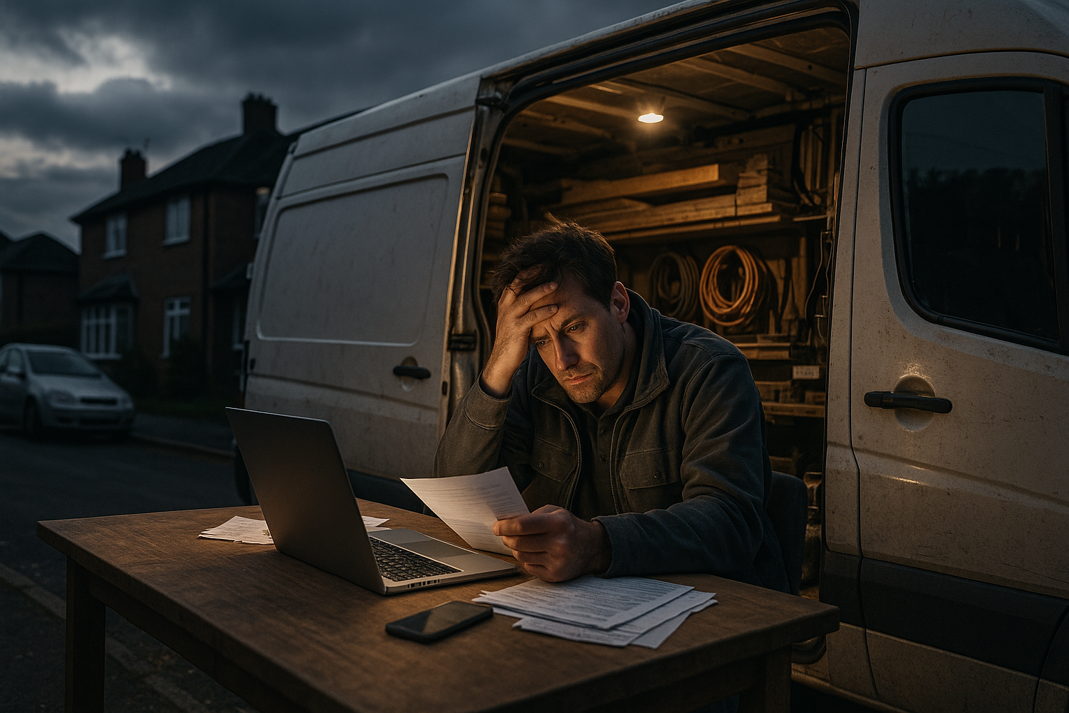 Ultra realistic image for How to Simplify Your Trade Business Management and Get Paid Faster. Focus: wide cinematic exterior view with dramatic lighting, ultra realistic