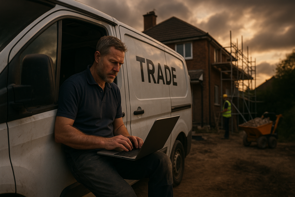 Ultra realistic image for How Trade Businesses in the UK Can Save Time and Get Paid Faster with ConstruX Project Management Software. Focus: wide cinematic exterior view with dramatic lighting, ultra realistic