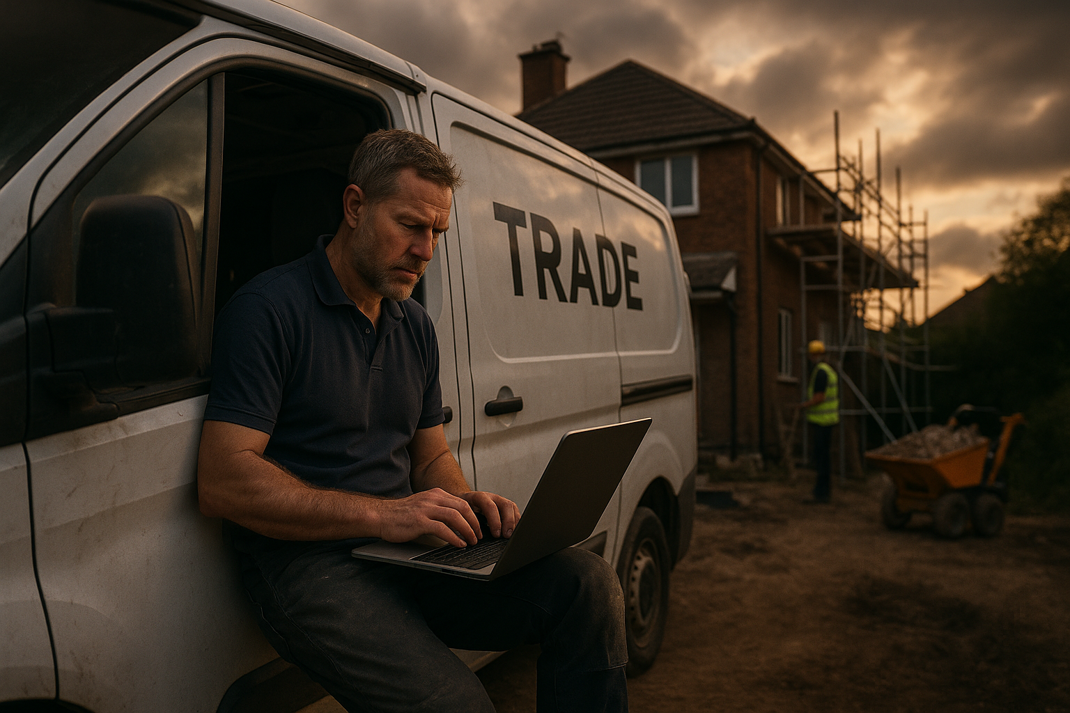 Ultra realistic image for How Trade Businesses in the UK Can Save Time and Get Paid Faster with ConstruX Project Management Software. Focus: wide cinematic exterior view with dramatic lighting, ultra realistic