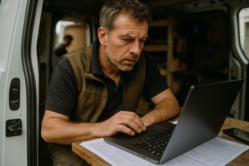 Ultra realistic image for How Trade Businesses in the UK Can Save Time and Get Paid Faster with ConstruX Project Management Software. Focus: intimate interior detail shot with shallow depth of field, ultra realistic