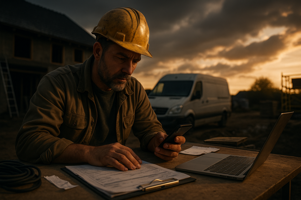 Ultra realistic image for How Tradesmen Can Cut Admin Time and Get Paid Faster with ConstruX. Focus: wide cinematic exterior view with dramatic lighting, ultra realistic