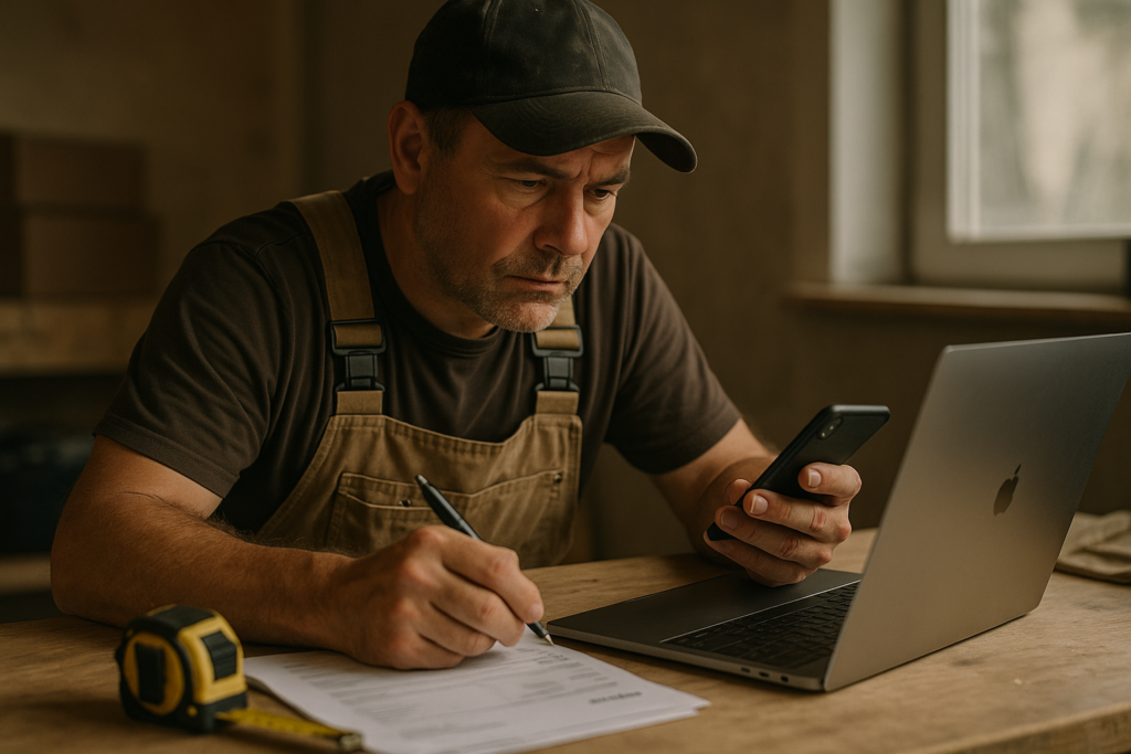 Ultra realistic image for How Tradesmen Can Cut Admin Time and Get Paid Faster with ConstruX. Focus: intimate interior detail shot with shallow depth of field, ultra realistic