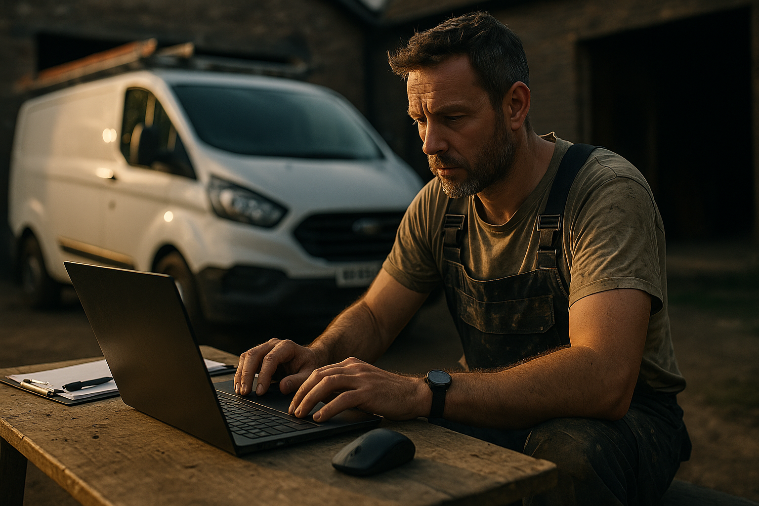 Ultra realistic image for How UK Tradesmen Can Cut Admin Time and Get Paid Faster with WordPress Project Management. Focus: wide cinematic exterior view with dramatic lighting, ultra realistic