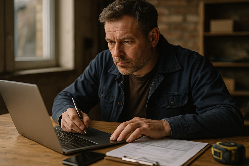 Ultra realistic image for How UK Tradesmen Can Cut Admin Time and Get Paid Faster with WordPress Project Management. Focus: intimate interior detail shot with shallow depth of field, ultra realistic