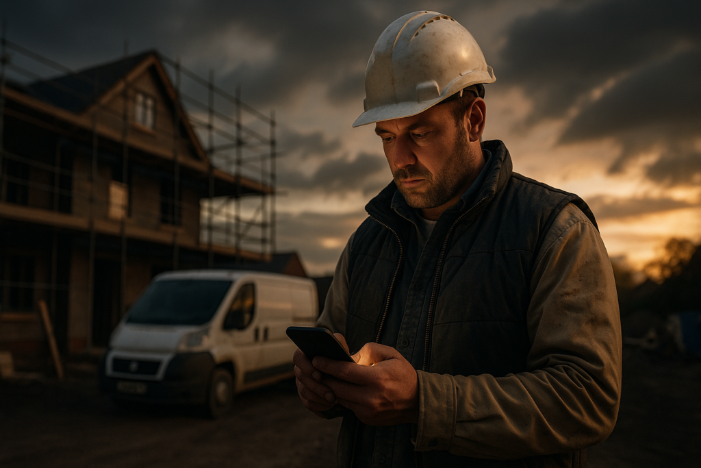 Ultra realistic image for How UK Tradesmen Can Save Time, Get Paid Faster, and Manage Jobs Better with ConstruX. Focus: wide cinematic exterior view with dramatic lighting, ultra realistic