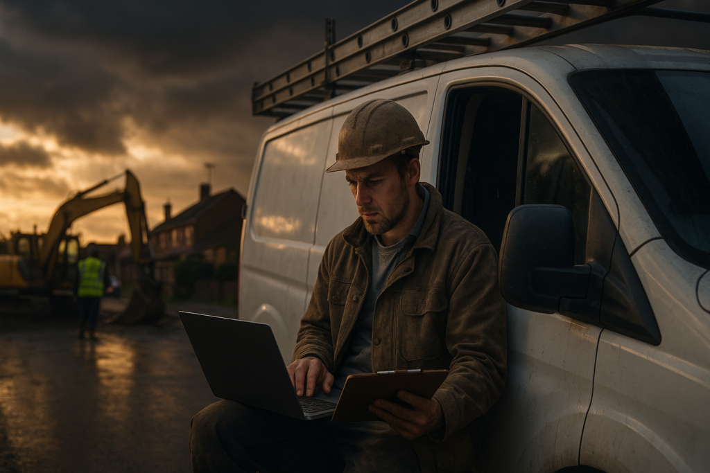 Ultra realistic image for How WordPress-Based Project Management Software Can Transform Your Trade Business. Focus: wide cinematic exterior view with dramatic lighting, ultra realistic