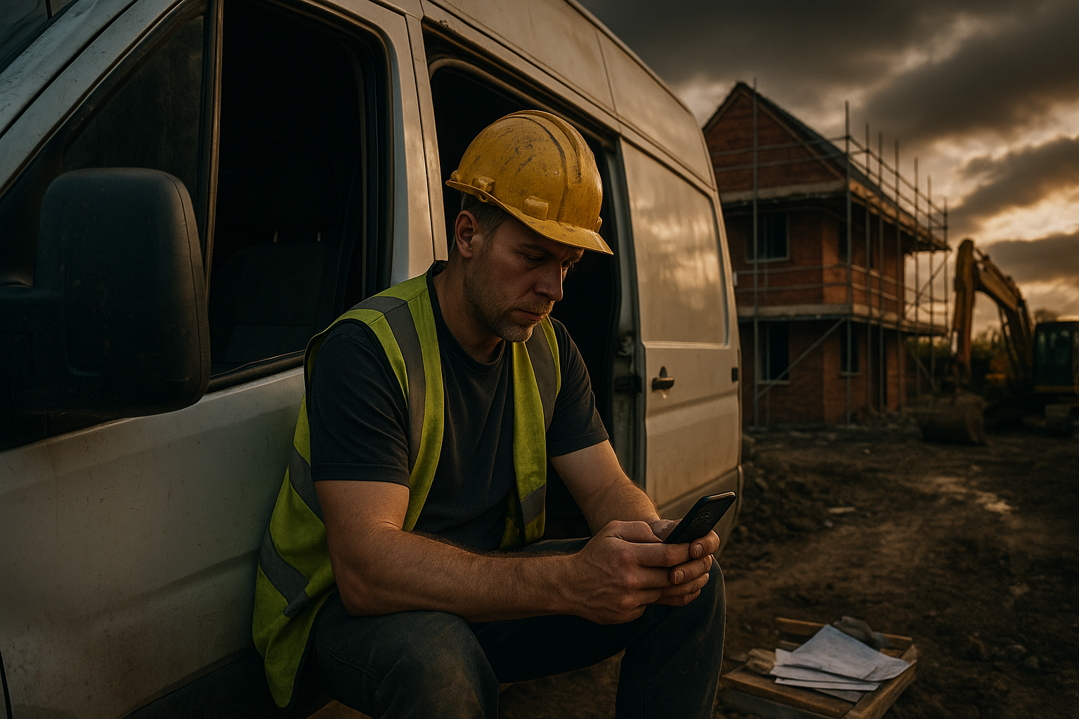 Ultra realistic image for How ConstruX Helps UK Trades Businesses Cut Down Admin and Get Paid Faster. Focus: wide cinematic exterior view with dramatic lighting, ultra realistic