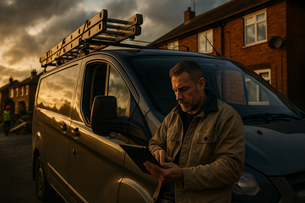 Ultra realistic image for How ConstruX Helps UK Tradesmen Take Control of Their Jobs and Save Time. Focus: wide cinematic exterior view with dramatic lighting, ultra realistic
