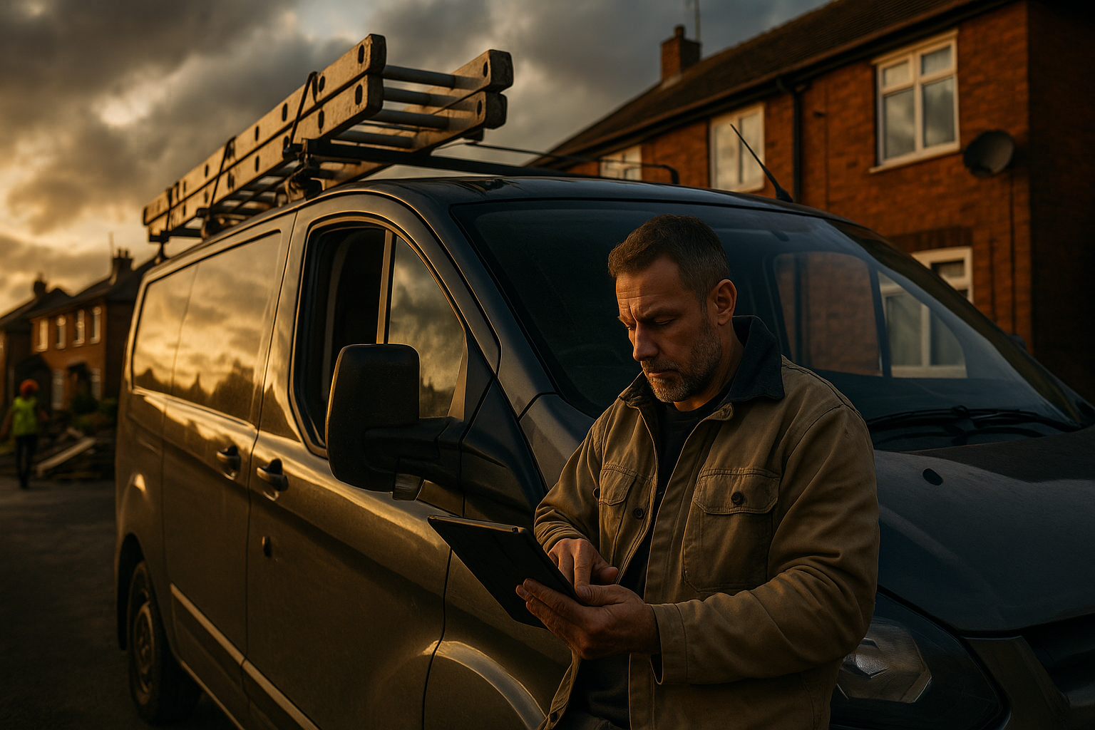 Ultra realistic image for How ConstruX Helps UK Tradesmen Take Control of Their Jobs and Save Time. Focus: wide cinematic exterior view with dramatic lighting, ultra realistic