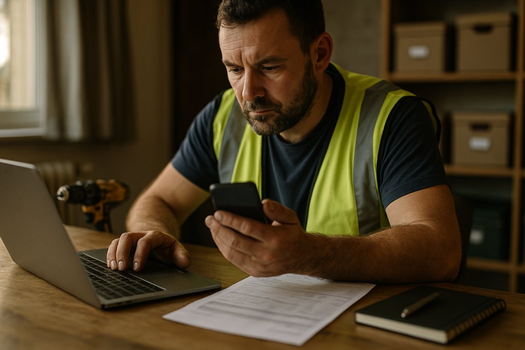 Ultra realistic image for How ConstruX Helps UK Tradesmen Take Control of Their Jobs and Save Time. Focus: intimate interior detail shot with shallow depth of field, ultra realistic