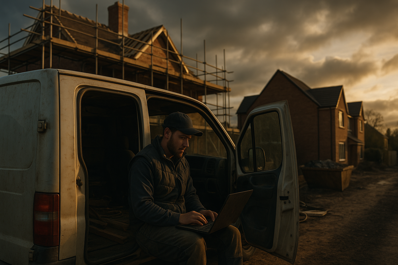 Ultra realistic image for How ConstruX Simplifies Project Management for UK Trade Businesses. Focus: wide cinematic exterior view with dramatic lighting, ultra realistic