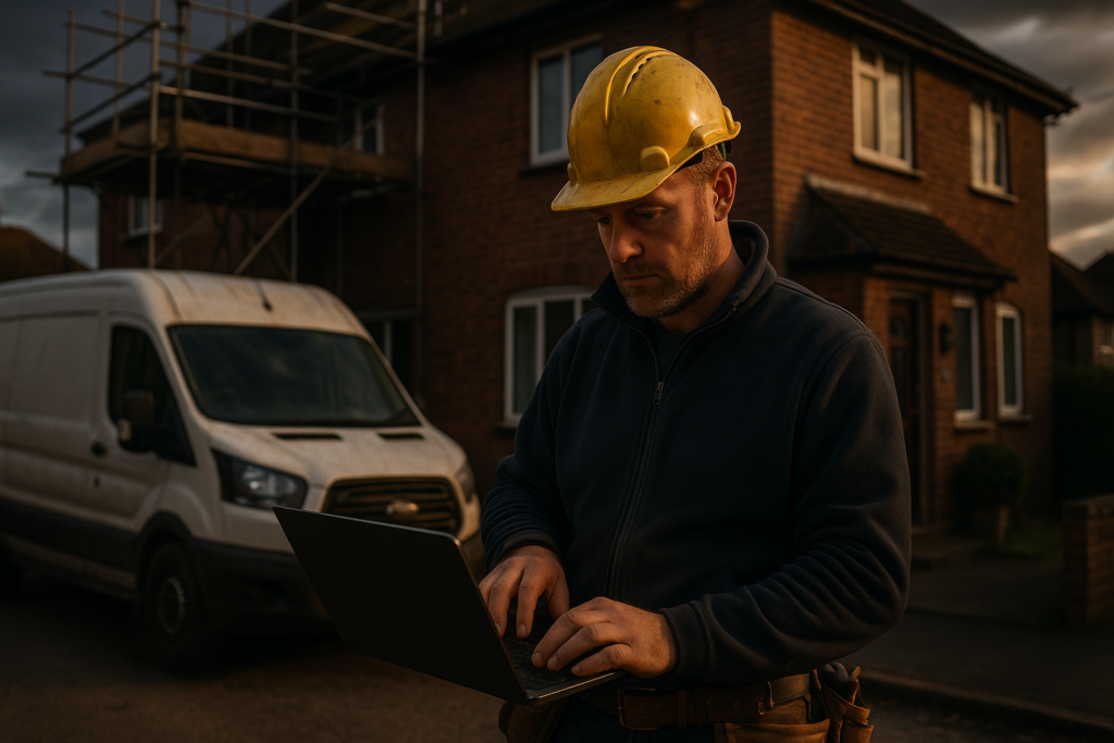 Ultra realistic image for How ConstruX Simplifies Project Management for UK Trades Businesses. Focus: wide cinematic exterior view with dramatic lighting, ultra realistic