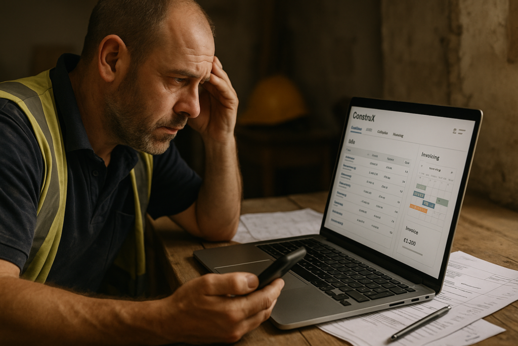 Ultra realistic image for How ConstruX Simplifies Project Management for UK Trades Businesses. Focus: intimate interior detail shot with shallow depth of field, ultra realistic