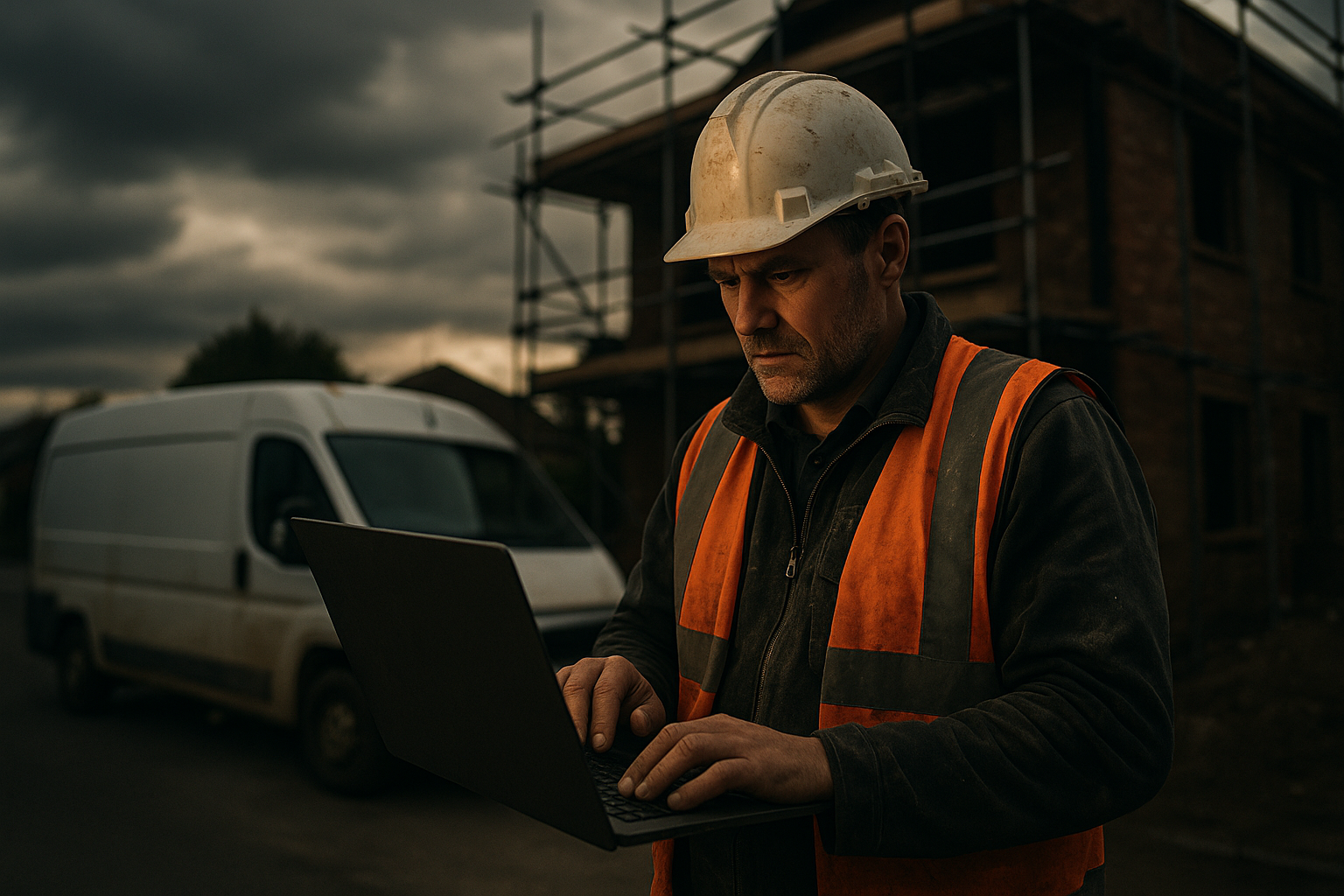 Ultra realistic image for How ConstruX Simplifies Project Management for UK Tradesmen. Focus: wide cinematic exterior view with dramatic lighting, ultra realistic