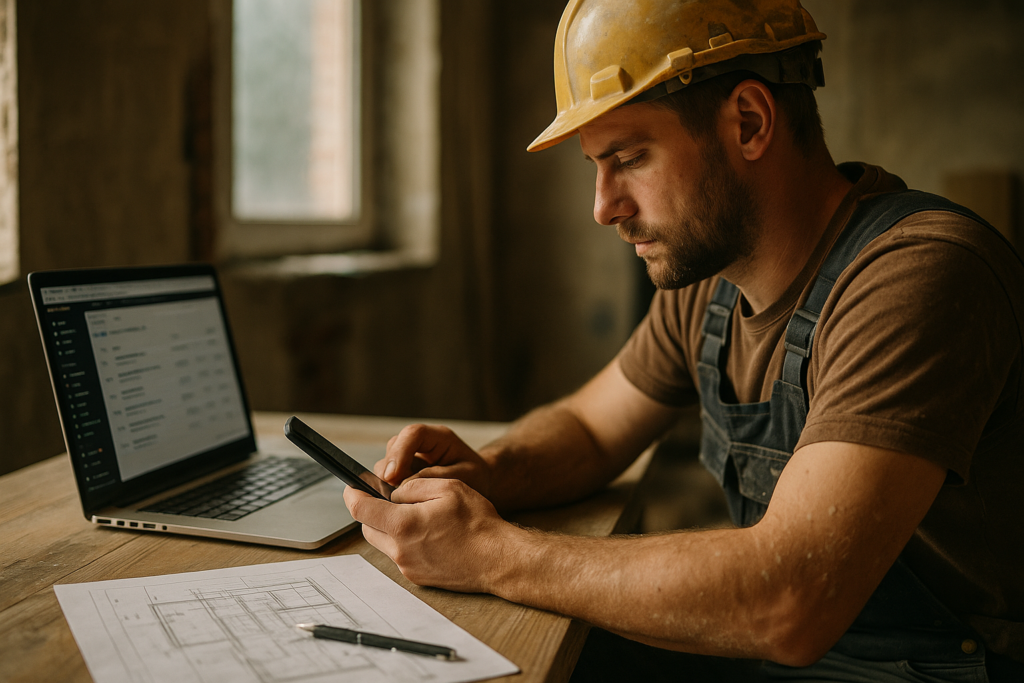 Ultra realistic image for How ConstruX Simplifies Project Management for UK Tradesmen. Focus: intimate interior detail shot with shallow depth of field, ultra realistic