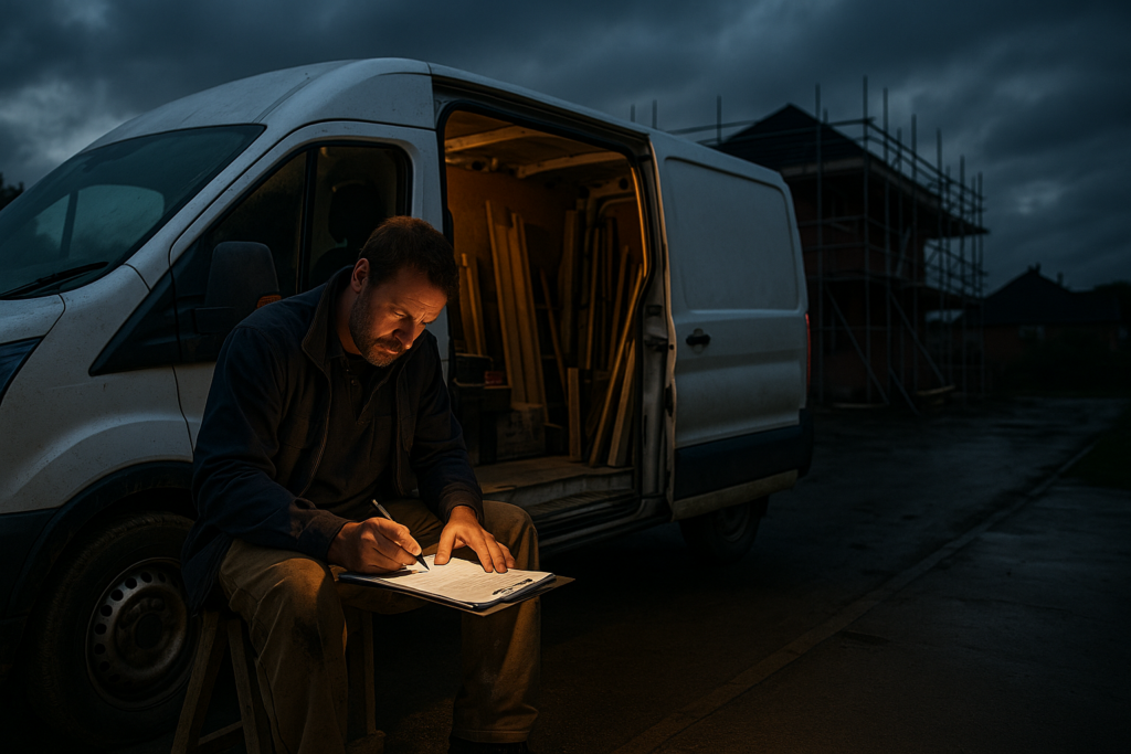 Ultra realistic image for How ConstruX Transforms Project Management for UK Tradesmen. Focus: wide cinematic exterior view with dramatic lighting, ultra realistic