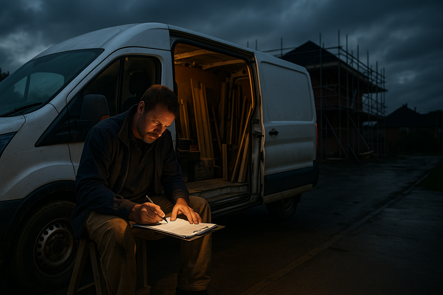 Ultra realistic image for How ConstruX Transforms Project Management for UK Tradesmen. Focus: wide cinematic exterior view with dramatic lighting, ultra realistic