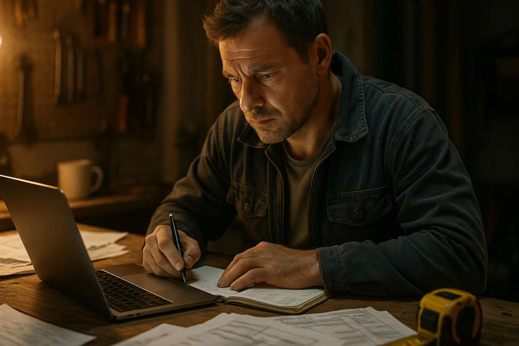 Ultra realistic image for How ConstruX Transforms Project Management for UK Tradesmen. Focus: intimate interior detail shot with shallow depth of field, ultra realistic