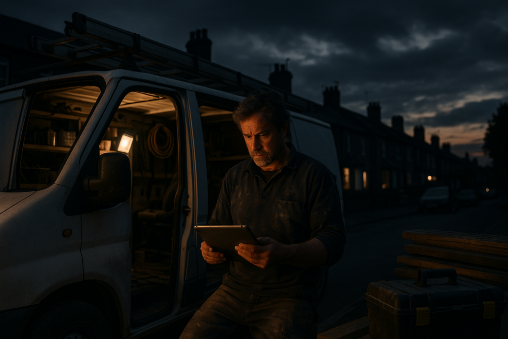 Ultra realistic image for How ConstruX Transforms Trade Business Management for UK Tradesmen. Focus: wide cinematic exterior view with dramatic lighting, ultra realistic