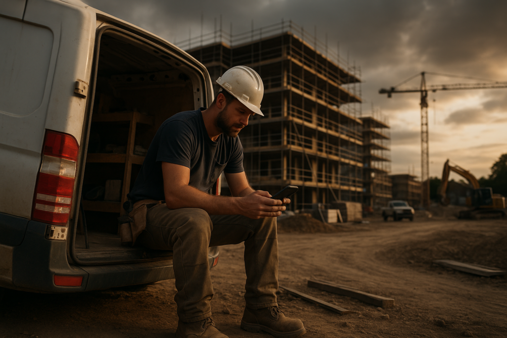 Ultra realistic image for How Tradesmen Can Save Time and Get Paid Faster with ConstruX Project Management Plugins. Focus: wide cinematic exterior view with dramatic lighting, ultra realistic