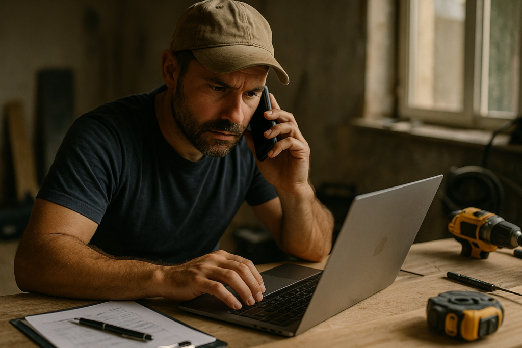 Ultra realistic image for How Tradesmen Can Save Time and Get Paid Faster with ConstruX Project Management Plugins. Focus: intimate interior detail shot with shallow depth of field, ultra realistic