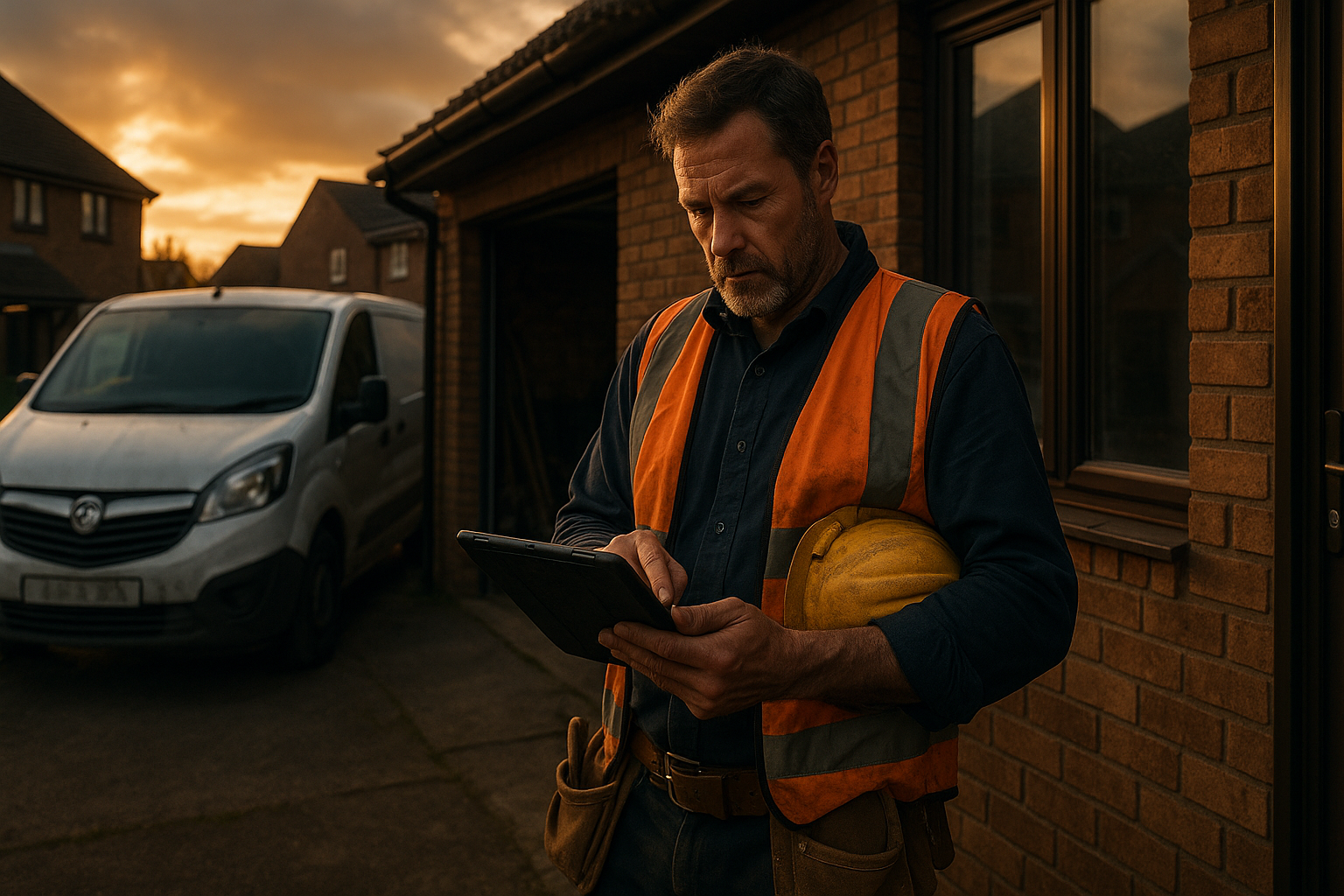 Ultra realistic image for How UK Tradesmen Can Save Time and Get Paid Faster with ConstruX Project Management Plugins. Focus: wide cinematic exterior view with dramatic lighting, ultra realistic