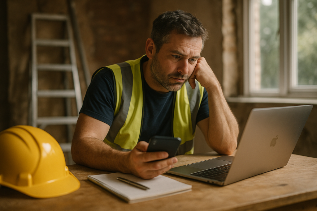 Ultra realistic image for How UK Tradesmen Can Save Time and Get Paid Faster with ConstruX Project Management Plugins. Focus: intimate interior detail shot with shallow depth of field, ultra realistic