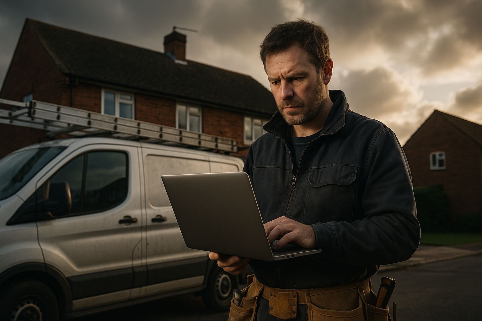 Ultra realistic image for How WordPress Project Management Plugins Can Transform UK Trade Businesses. Focus: wide cinematic exterior view with dramatic lighting, ultra realistic