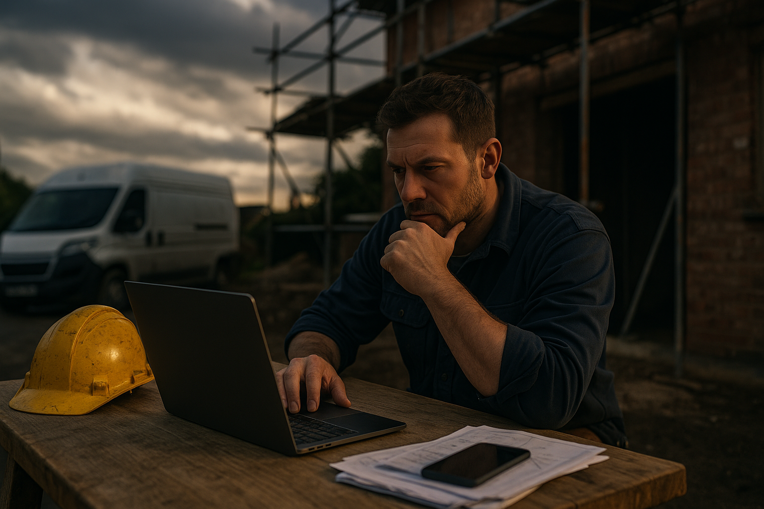 Ultra realistic image for Why UK Tradesmen Need Tailored Project Management Software and How ConstruX Makes It Simple. Focus: wide cinematic exterior view with dramatic lighting, ultra realistic